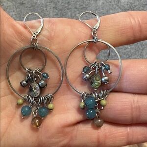 ABALONE SHELL AND BEADED DOUBLE SILVER LOOPED DROP DANGLE LEVERBACK 2.8"EARRINGS